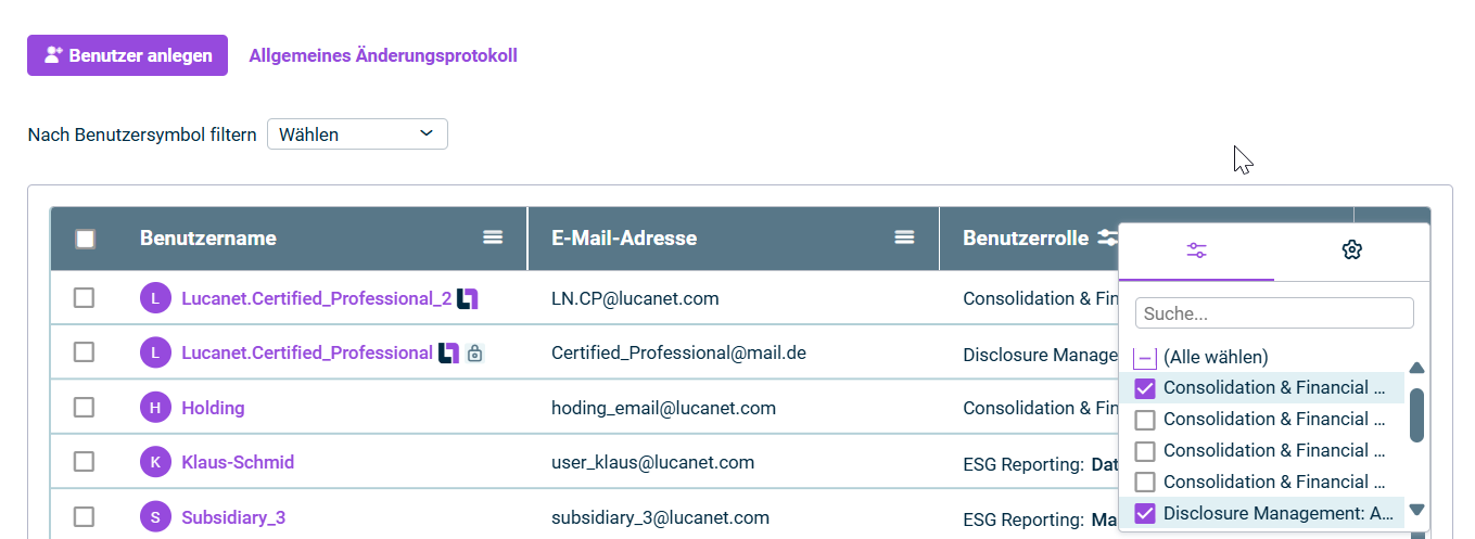 Die Tabelle der Benutzer wird angezeigt. In der Spalte 'Benutzerrolle' wird das Fenster zum Filtern der Benutzer angezeigt. Das Fenster ist rot umrandet.