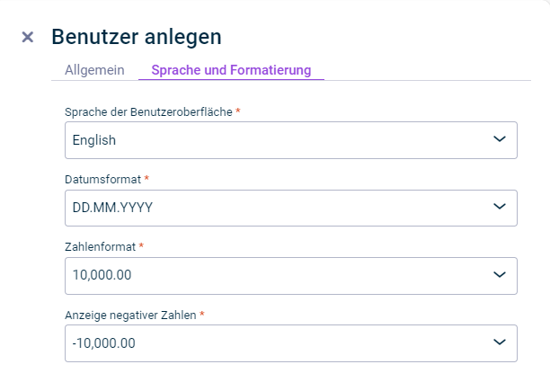 Der Reiter 'Sprache und Formatierung' im Dialog 'Benutzer anlegen' wird angezeigt.
