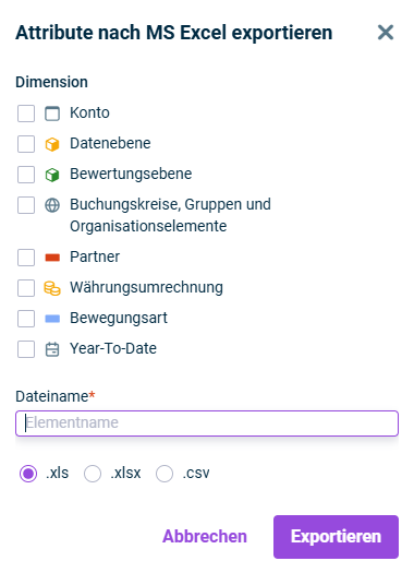 Zeigt den Dialog 'Attributwerte nach MS Excel exportieren'