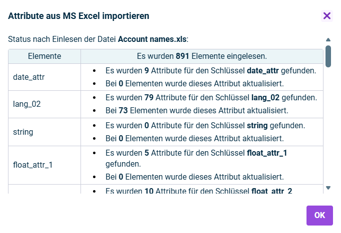 Zeigt den Dialog 'Attribute aus MS Excel importieren'