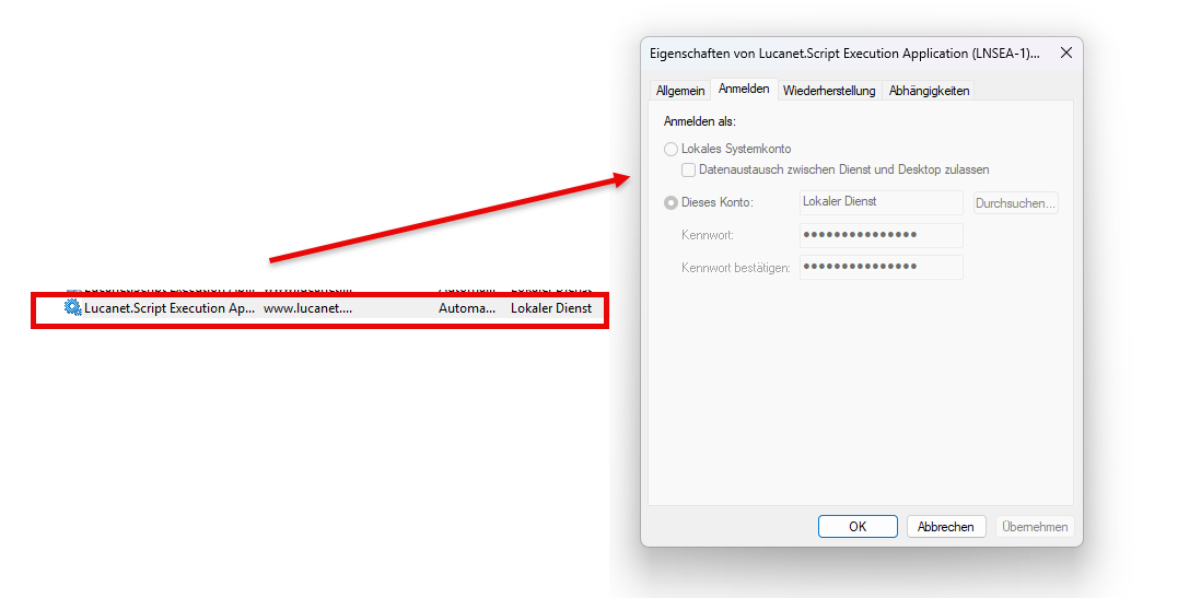Reiter 'Anmelden' des Dienstes Lucanet.Script Execution Application in der Windows-Dienste-Konsole