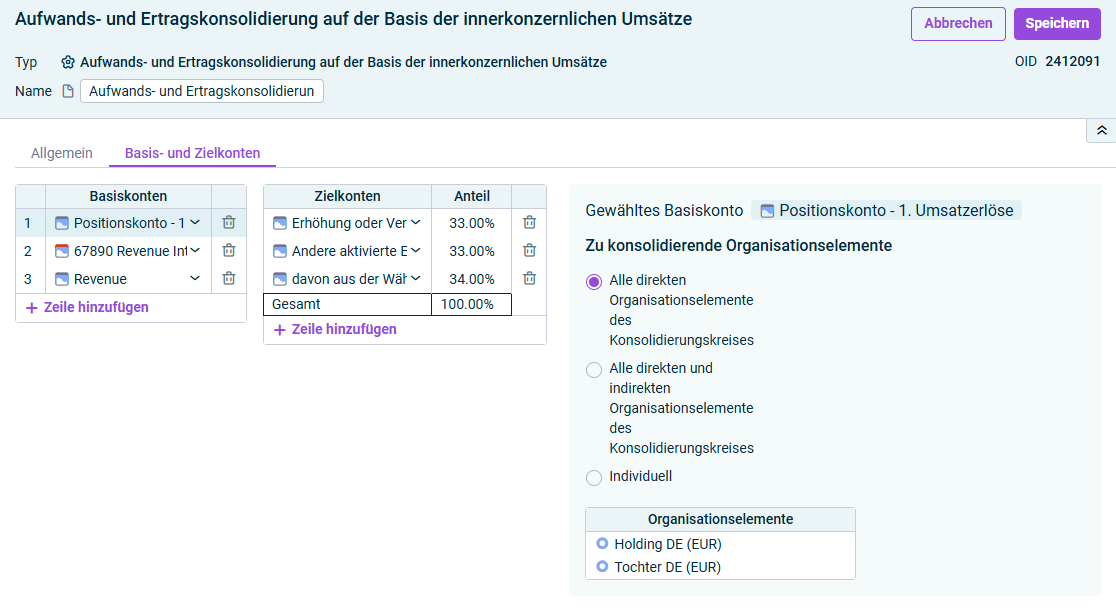 Aufwands- und Ertragskonsolidierung auf der Basis der innerkonzernlichen Umsätze: Reiter 'Basis- und Zielkonten'