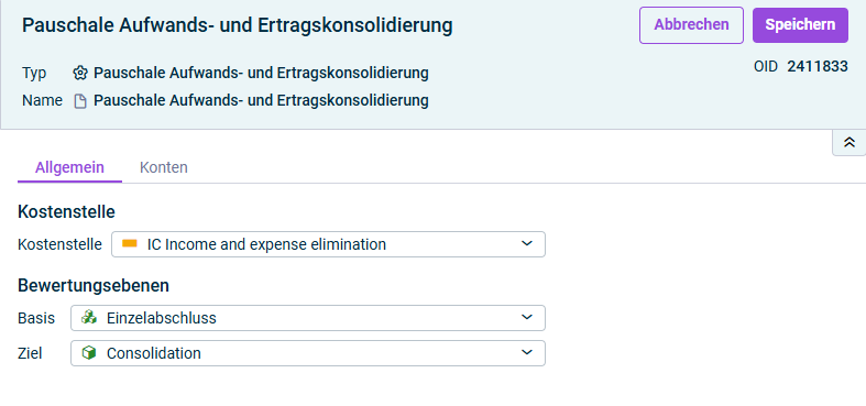 Pauschale Aufwands- und Ertragskonsolidierung: Reiter 'Allgemein'