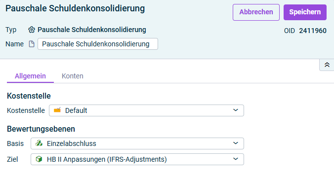 Pauschale Schuldenkonsolidierung: Reiter 'Allgemein'