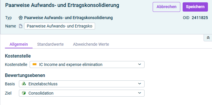 Paarweise Aufwands- und Ertragskonsolidierung: Reiter 'Allgemein'