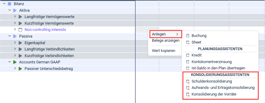 Zeigt einen Ausschnitt aus der Detailansicht eines Buchs. Rot hervorgehoben ist der Arbeitsbereich Journale und der Menüpfad Anlegen -> mit den verfügbaren Konsolidierungsassistenten.