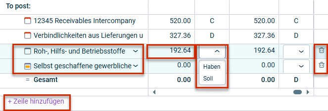 Optionen im Bereich 'Gebucht wird'