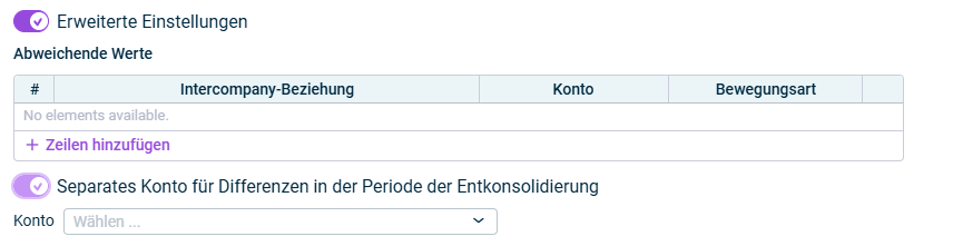 Zeigt die Optionen 'Erweiterte Einstellungen' und 'Separates Konto für Differenzen in der Periode der Entkonsolidierung' im Schritt 'Konsolidierung'