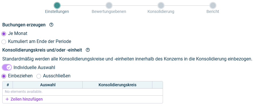 Zeigt den Schritt 'Einstellungen'
