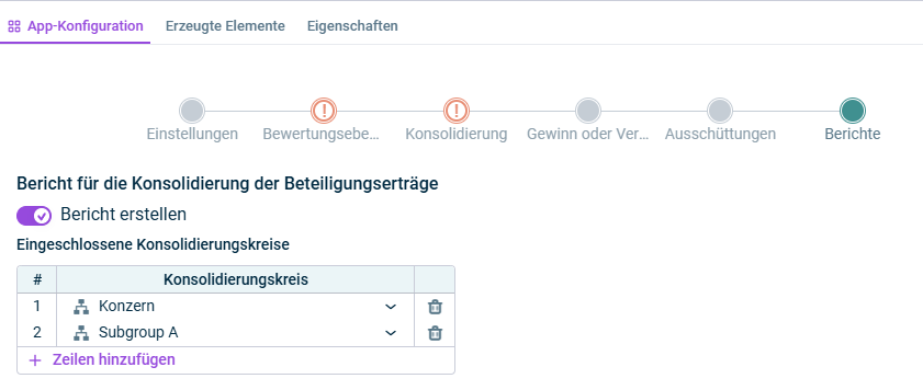 Dies ist der Schritt 'Berichte' zu den Beteiligungserträgen.