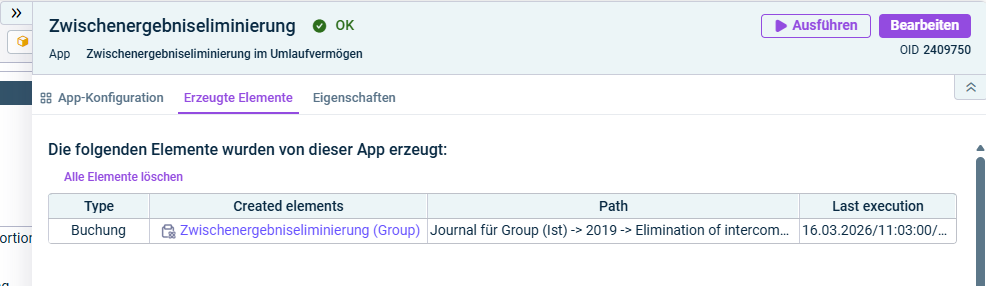 Zeigt den Reiter 'Erzeugte Elemente' der App Zwischenergebniseliminierung im Umlaufvermögen