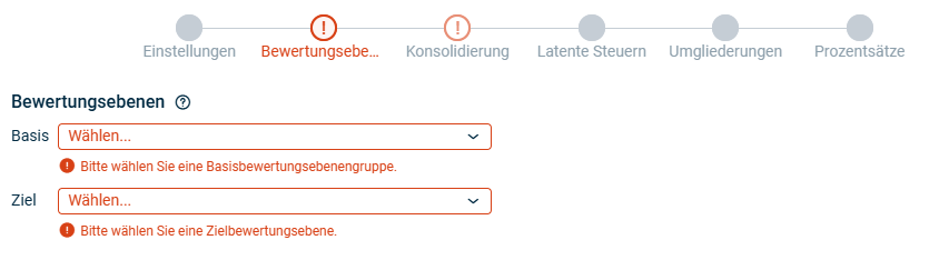 Zeigt den Schritt 'Bewertungsebenen' der App Zwischenergebniseliminierung im Umlaufvermögen