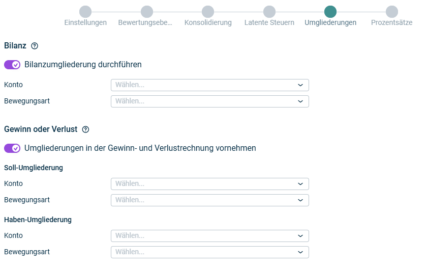 Zeigt den Schritt 'Umgliederungen' der App Zwischenergebniseliminierung im Umlaufvermögen