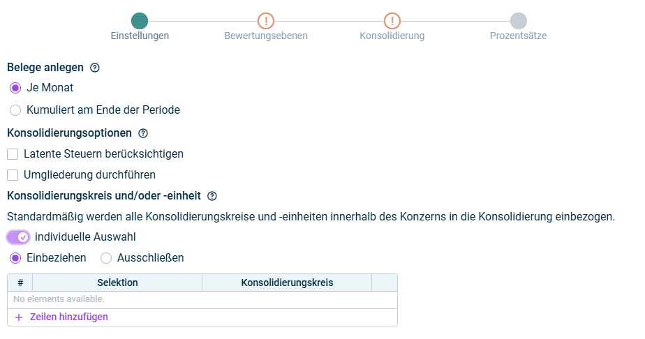 Zeigt den Schritt 'Einstellungen' der App Zwischenergebniseliminierung im Umlaufvermögen