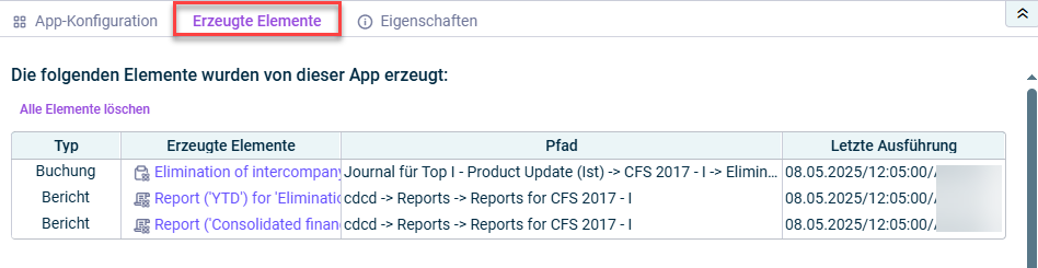 Zeigt den Reiter 'Erzeugte Elemente' einer Konsolidierungs-App