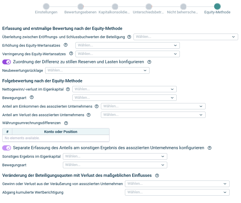 Zeigt den Schritt 'Equity-Methode' der App für die Kapitalkonsolidierung
