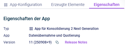 Zeigt den Reiter 'Eigenschaften' einer Konsolidierungs-App