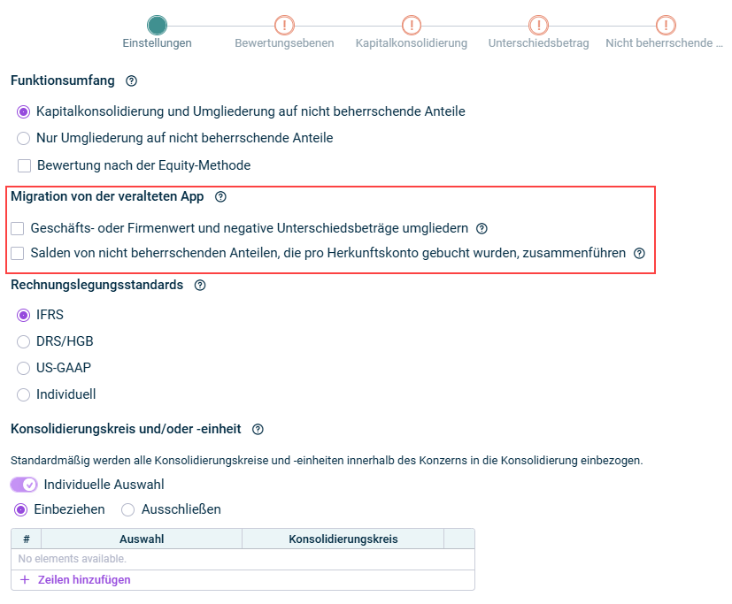 Zeigt den Schritt 'Einstellungen' der App für die Kapitalkonsolidierung. Markiert ist der Bereich 'Migration von der veralteten App'