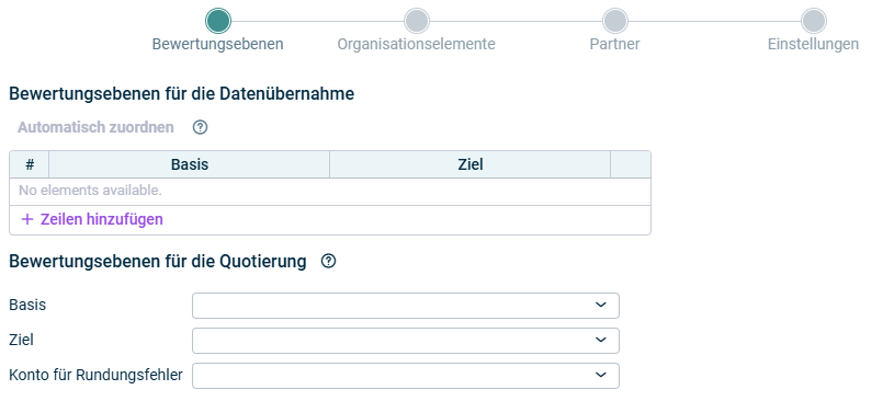 Zeigt den Schritt 'Bewertungsebenen' der Datenübernahme und Quotierung.