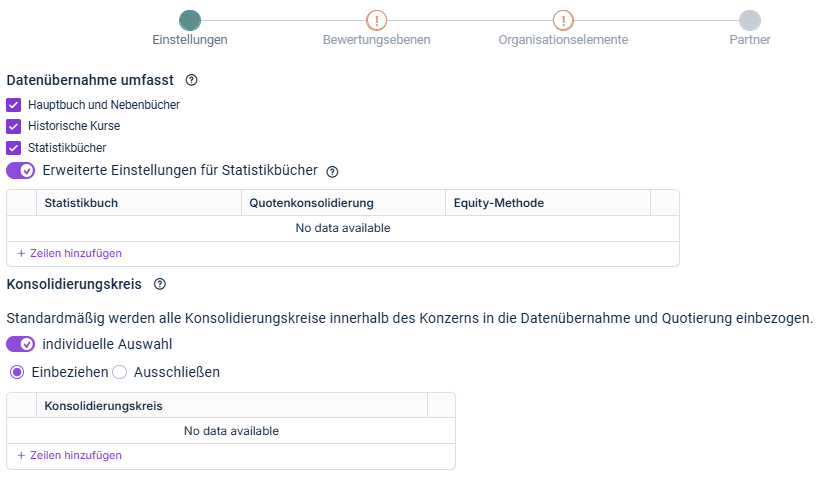 Zeigt den Reiter 'Einstellungen' der Datenübernahme und Quotierung.