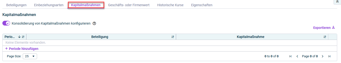 Zeigt den Reiter 'Kapitalmaßnahmen' der Stammdatenverwaltung.