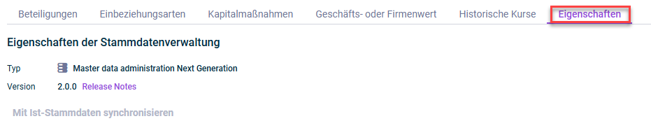 Zeigt den Reiter 'Eigenschaften' der Stammdatenverwaltung.