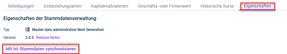 Zeigt den Reiter 'Eigenschaften' der Stammdatenverwaltung. Markiert ist die Option 'Mit Ist-Stammdaten synchronisieren'