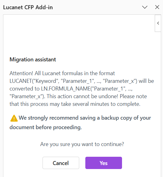 Shows the dialog that opens on the right side of the window when you open the migration assistant. The purple button is to confirm execution of the assistant