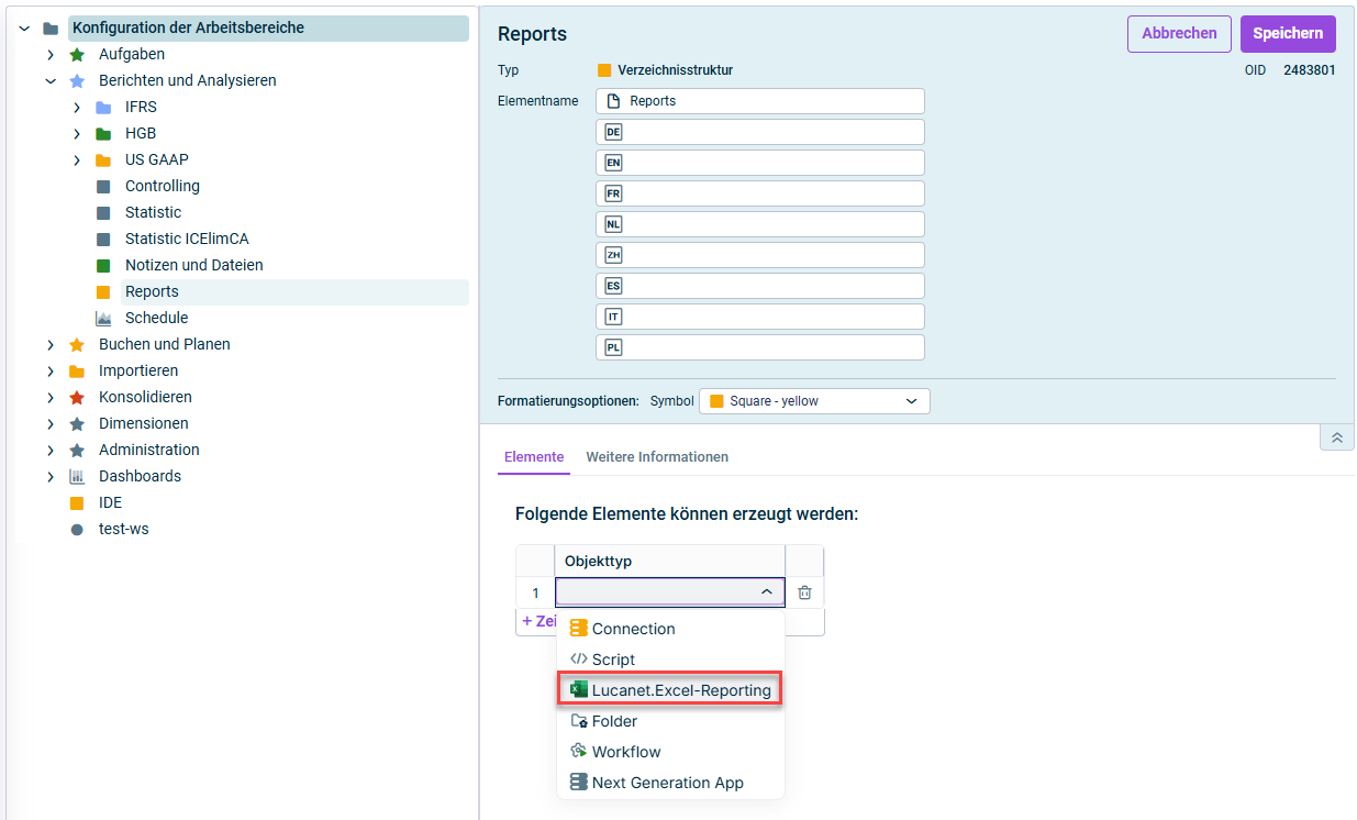 Zeigt die Konfiguration der Arbietsbereiche und rechts die Detailsanischt einer Verzeichnisstruktur. Rot markiert ist der Objekttyp Lucanet.Excel-Reporting aus der Dropdown-Liste 'Objekttyp'