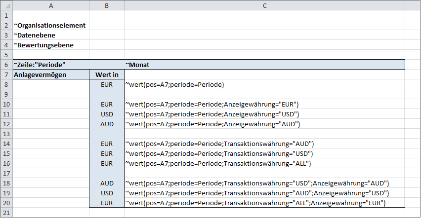 Zeigt einen Excel-Ausschnitt. In der letzten Spalte sind Tildeformeln enthalten, die alle am Ende der Parameter 'Transaktionswährung enthalten=Währung' enthalten