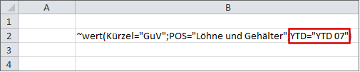 Zeigt einen Excel-Ausschnitt mit einer Tildeformel. Rot hervorgehoben ist die Abfrage mithilfe des YTD-Parameters