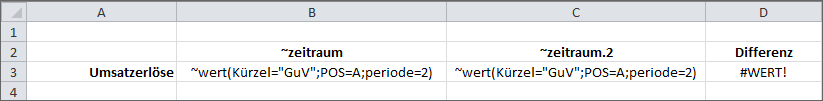 Zeigt einen Excel-Ausschnitt mit Tildeformeln. Die erste zeile enthält jeweils eine Tildeformel, mit der ein Zeitraum abgefragt wird, die letzte Spalte enthält die Differenz