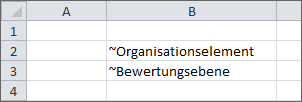 Zeigt einen Excel-Ausschnitt mit den Tildeformeln ~Organisationselement und ~Bewertungsebene