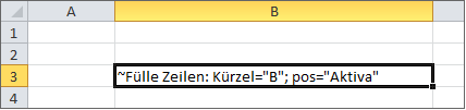 Zeigt einen Excel-Ausschnitt mit der Tildeformel Fülle Zeiler und dem Parameter 'Kürzel'