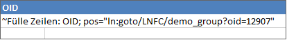 Zeigt einen Excel-Ausschnitt mit der Tildeformel Fülle Zeiler und dem Parameter OID