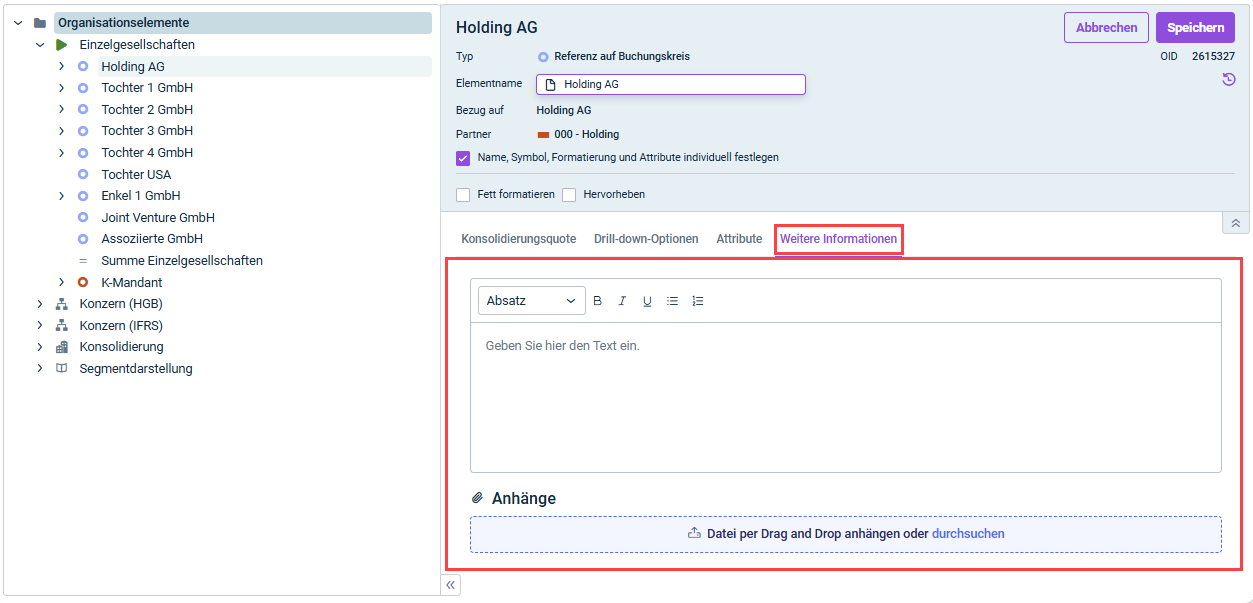 Zeigt die Detailansicht eines Elements im Arbeitsbereich 'Organisationselemente'. Rior hervorgehoben ist der Reiter 'Weitere Informationen' und das Feld zum hinzufügen von Text und Dateien.