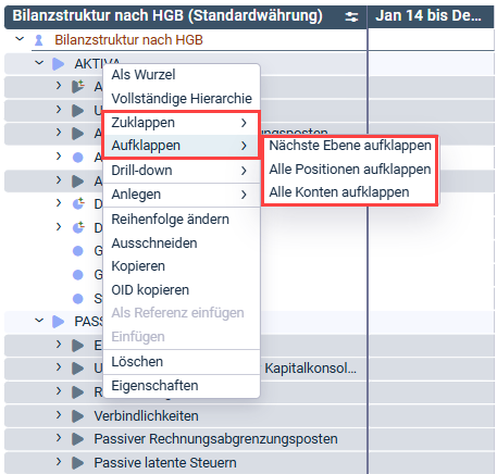 Das Kontextmenü zum Arbeitsbereich "Bilanz" wird angezeigt. Die Menübefehle "Zuklappen und Aufklappen" sind umrahmt. Die drei untergeordneten Menübefehle von "Aufklappen" "Nächste Ebene aufklappen", "Alle Positionen aufklappen" und "Alle Konten aufklappen" sind hervorgehoben.