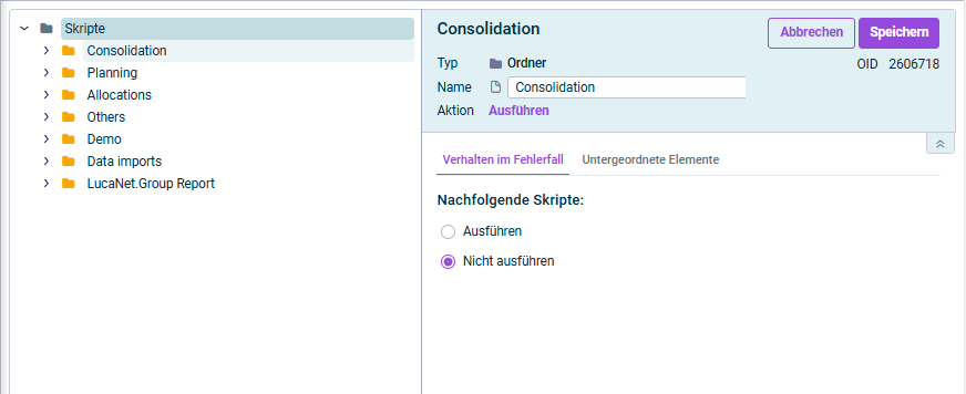 Zeigt den Arbeitsbereich 'Skripte' und die Detailansicht eines Ordners an.