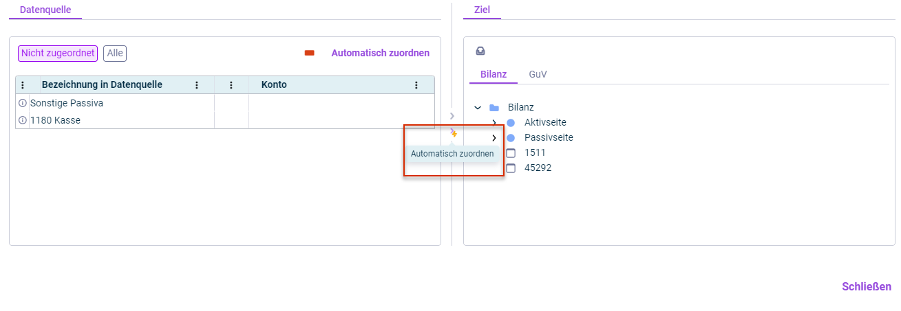 Ausschnitt aus der Zuordnungstabelle. Der Tooltip der Schaltfläche 'Automatisch zuordnen' wird angezeigt.