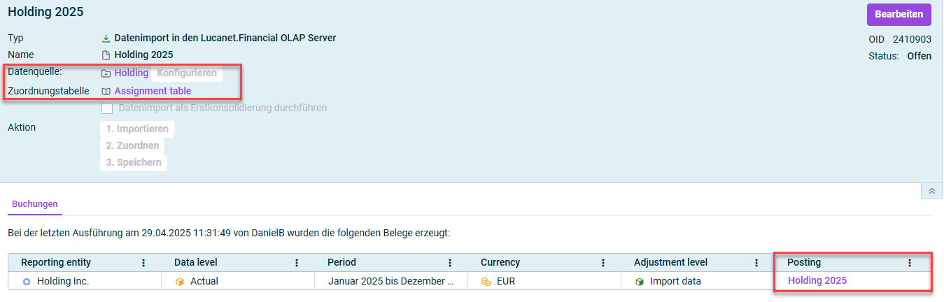 Detailansicht eines Datenimports mit dem Reiter 'Buchungen'. Der Titel des Reiters ist rot umrandet. Auf dem Reiter 'Buchungen' wird ein Beleg angezeigt.