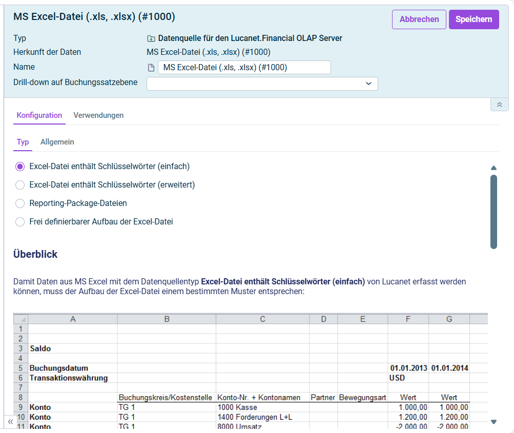Struktur- und Detailansicht einer Datenquelle. In der Detailansicht ist der Typ 'Excel-Datei enthält Schlüsselwörter (einfach)' gewählt.'