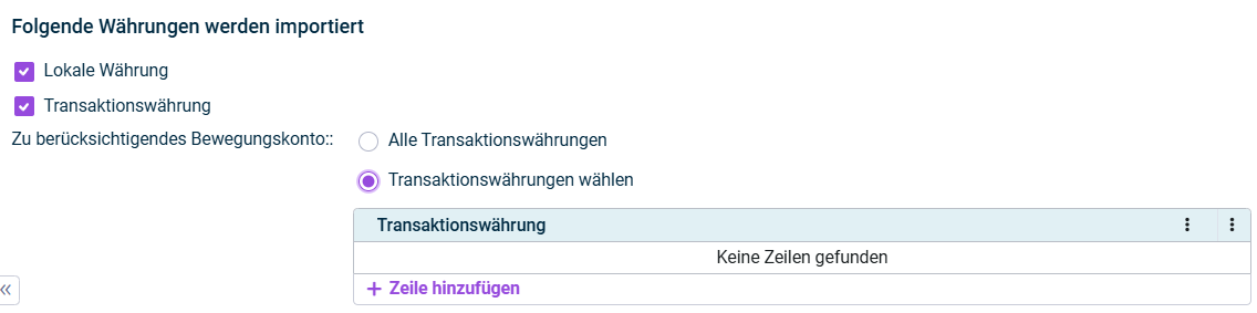 Auswahl der zu importierenden Währung(en)