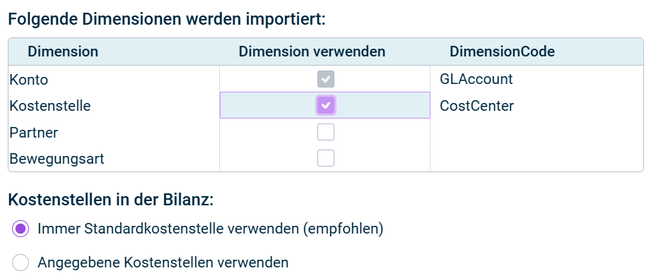 Auswahl der zu importierenden Dimensionen