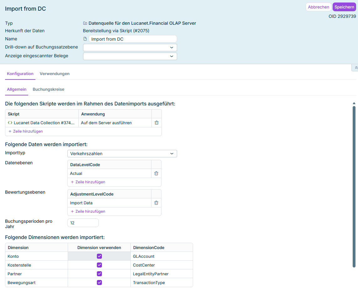 Die Detailansicht der Datenquelle im Bearbeitungsmodus zeigt die Skriptliste, die zu importierenden Daten und die zu importierenden Dimensionen.