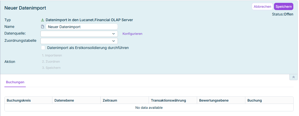 Der Dialog 'Neuer Datenimport' wird angezeigt.