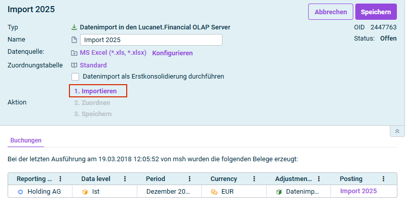 Zeigt die Detailansicht eines Datenimports. Hervorgehoben ist der Befehl '1. Importieren'.