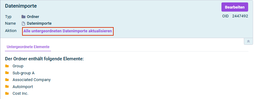 Zeigt die Detailansicht eines Ordners mit Datenimporten. Hervorgehoben ist der Befehl 'Alle untergeordneten Datenimporte aktualisieren'.