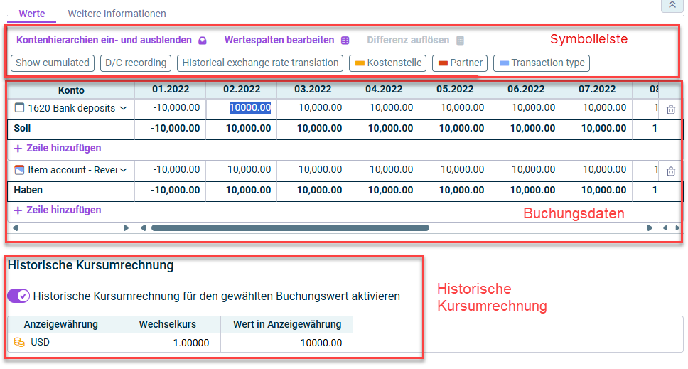 Zeigt den Dialog für die Konfiguration des Reiters 'Werte' in einer Buchung.