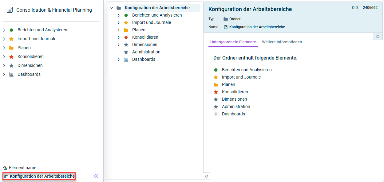Konfiguration der Arbeitsbereiche wird angezeigt.