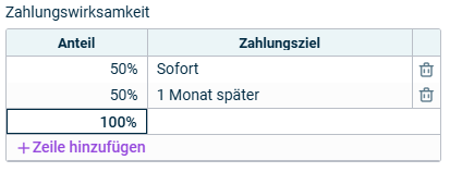 Der Abschnitt Zahlungswirksamkeit mit einer Beispielkonfiguration wird angezeigt.